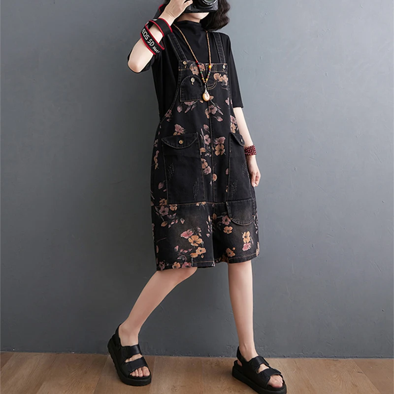 Aricaca High Quality Women Loose Flower Printed Bib Overalls Women Summer Stitched jeans Rompers Shorts
