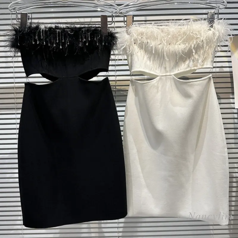 

Feather Dress Womans 2023 Spring and Summer New Classic Style Furry Tassel Rhinestone Sexy Midriff Dresses Young Lady Outfit