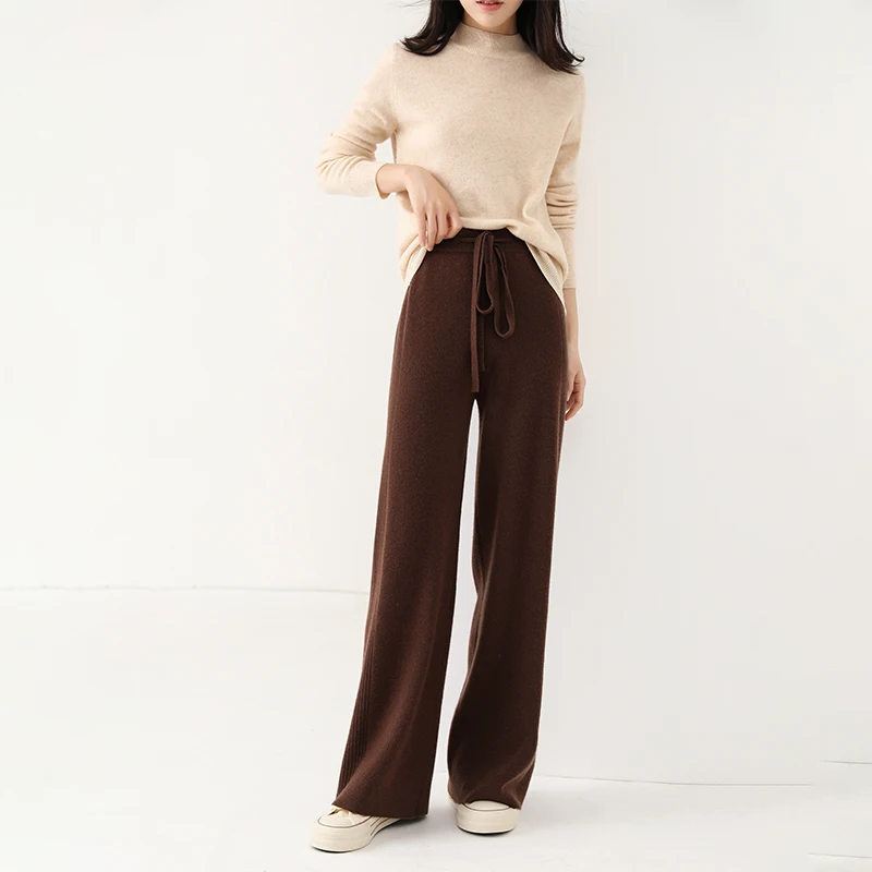 Женские широкие брюки из чистого кашемира с высокой талией длиной до пола