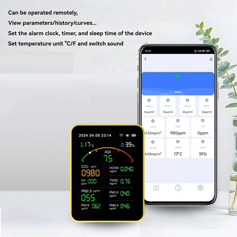 Фото Tuya Wi-Fi 15в1 детектор качества воздуха бытовой портативный PM0.3 PM1.0 PM2.5 PM10 CO CO2 TVOC HCHO тестер часы №2