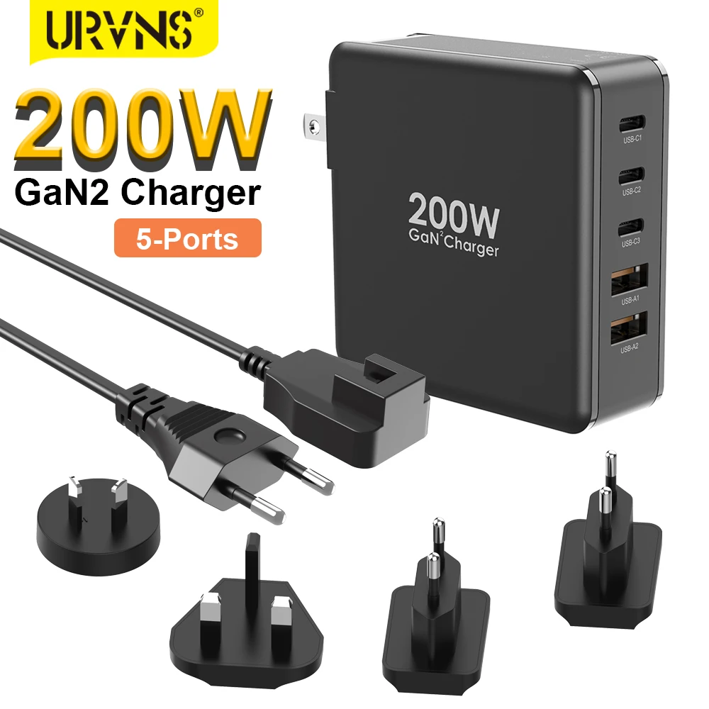 Устройство зарядное URVNS GaN2, 200 Вт, USB Type-C, QC4.0, PD3.0, 100 Вт