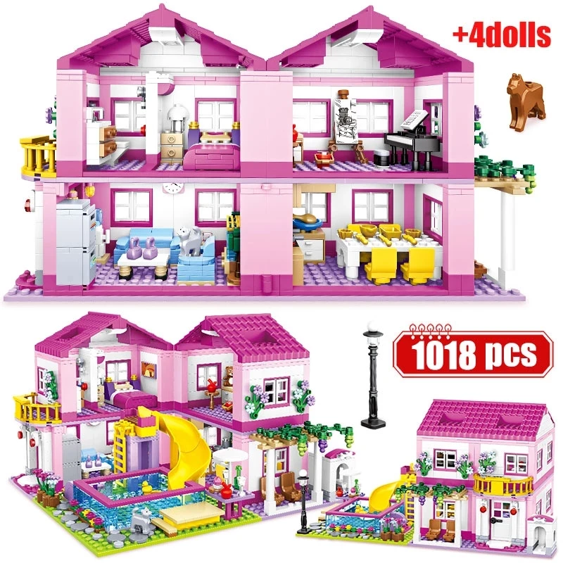 

City Street View 1 Change 3 Summer Double-storey House Building Blocks Slide Swimming Pool Friends Figures Bricks Toys For Girls