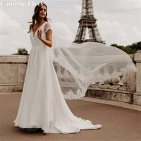 bohemian chiffon wedding dresses for women v neck lace appliques illusion short sleeves beach bridal gowns vestidos de novia