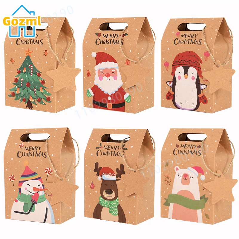 

6pcs Merry Christmas Candy Gift Box with Tag Kraft Paper Cookies Gift Packing Bags 2023 Xmas Party Home Decoration New Year 2024