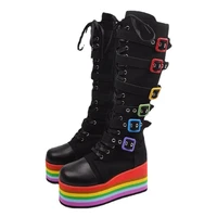 women personality long boots pu stitching round head rainbow thick bottom multi buckle fashion casual street women shoes kc300