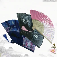 vintage silk folding fan retro chinese japanese bamboo folding fan tassel dance hand fan home decoration ornament craft gift