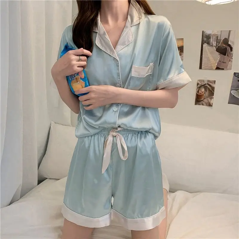 Pajamas for Women Pyjamas Simulated SILK PAJAMA Suit Terno Short Sleeve Sleepwear Two-piece Silk Housewear
