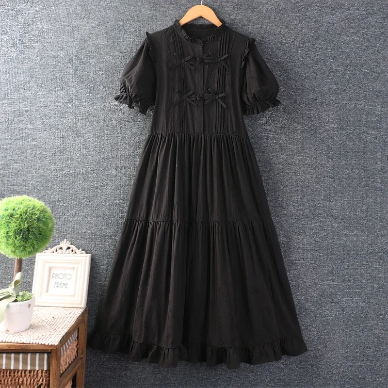 Женское платье-миди из хлопка и льна с бантом оборками