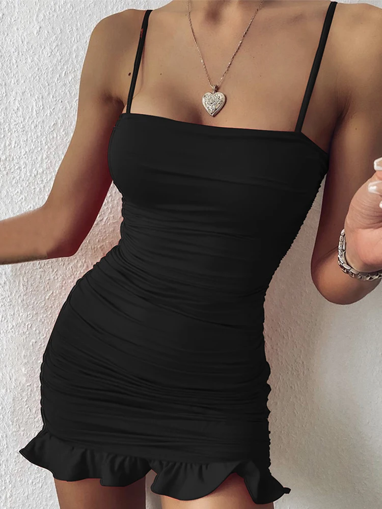 

Женское облегающее мини-платье с рюшами, черное облегающее платье на бретелях-спагетти с открытой спиной, без рукавов, с рюшами, для вечерни...