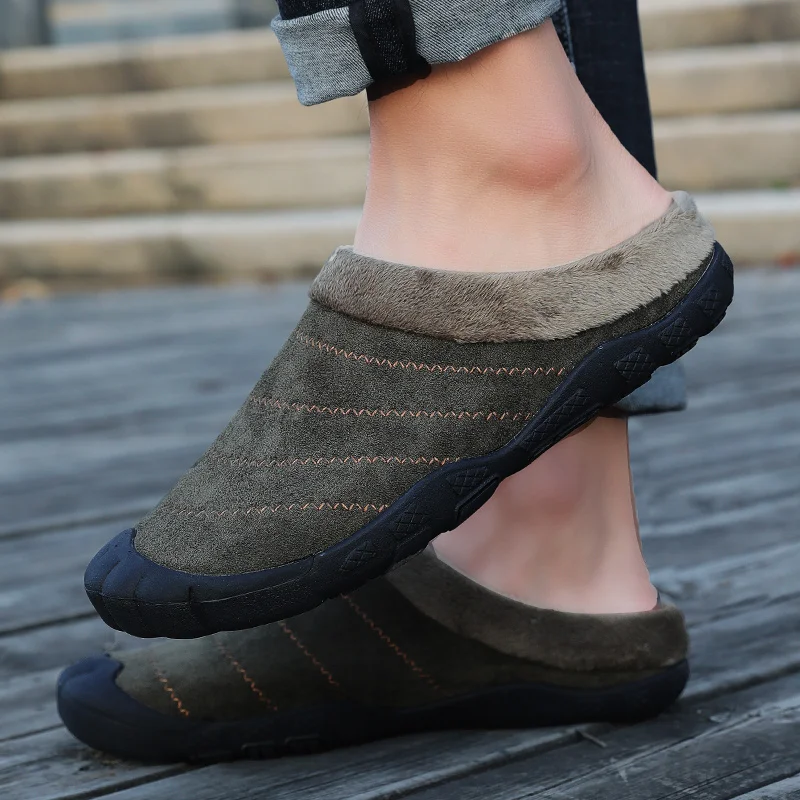 

тапки мужские,Зимняя мужская обувь, уличные Нескользящие мужские тапочки, теплые плюшевые хлопковые толстые тапочки, размеры 47 48, сланцы