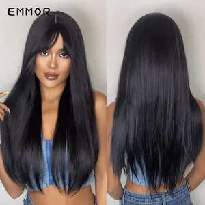 Emmor Synthetic Long Black Straight  Wig With Bangs  Hair Wigs Cosplay Natural Heat Resistant Wigs for Women Daily Hair Wig