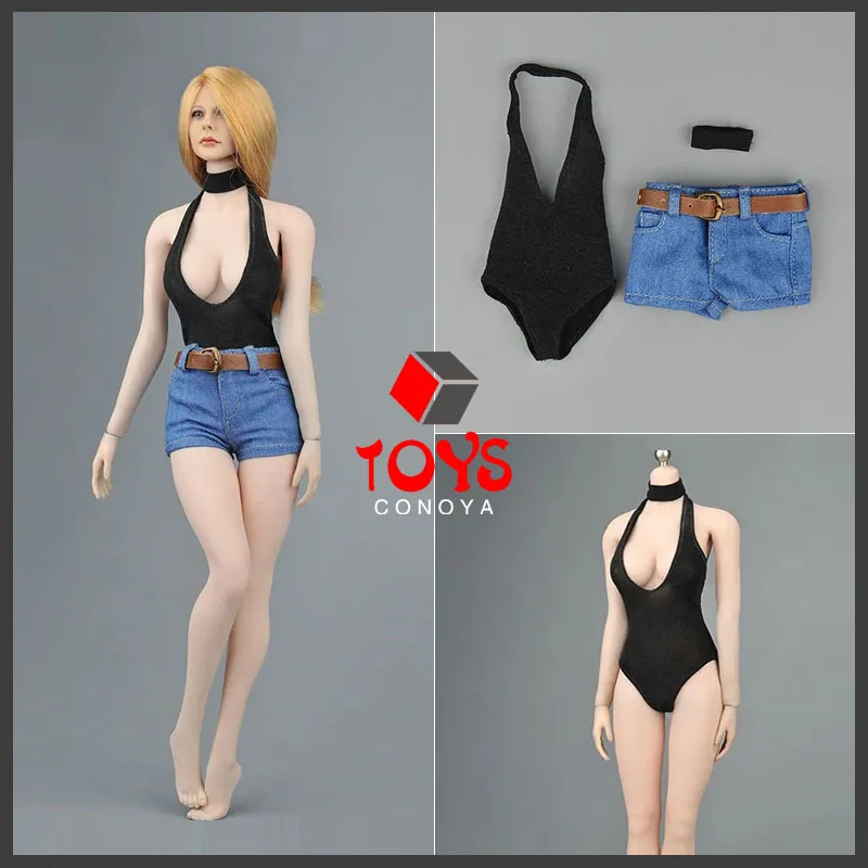 

ZY5026 1/6 Sexy Black Low-cut Bodysuit Denim Shorts Clothes Set for 12inch Female Action Figure Body Doll Accessories