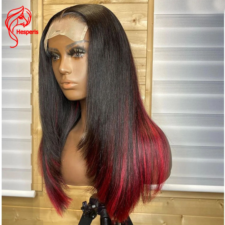 Hesperis Layered Long Bob Pu Silk Base Lace Closure Wigs For Black Women 4.5x5.5 Red Color Highlight Human Hair Wigs Burgundy