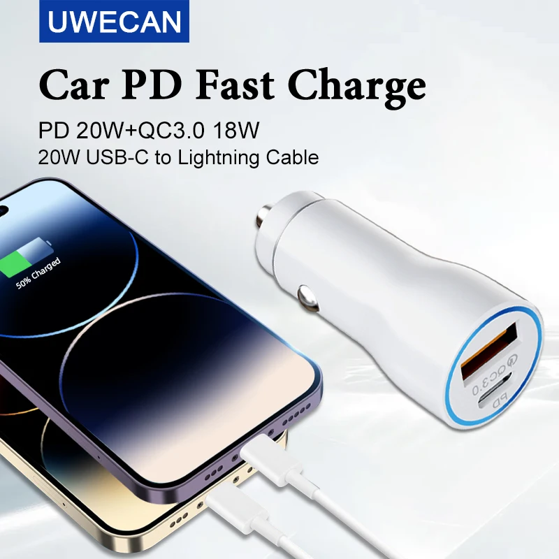 Зарядное устройство USB Type C PD для автомобиля, зарядное устройство для iphone 20 Вт, зарядный кабель с разъемом Lightning, Тип C PD 20 Вт-qc 3,0 18 Вт прикурива...
