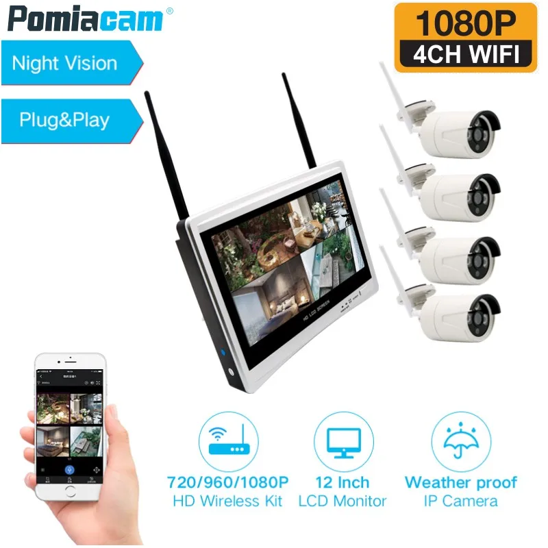 4CH HD 1080P H.265 WiFi NVR Kits with 12 Inch LCD Monitor 4 Channel Wireless Outdoor IP Camera NVR CCTV Security Camera System