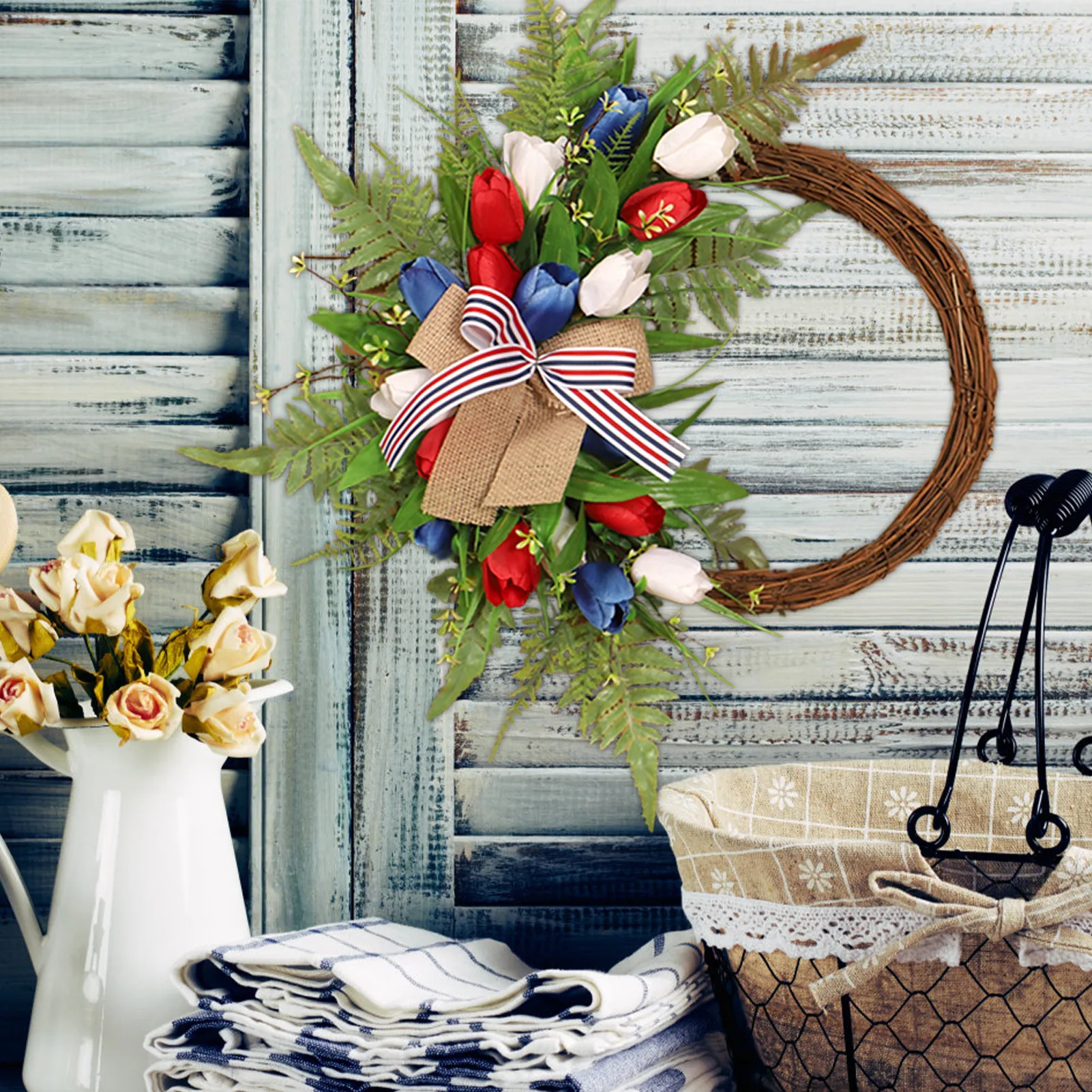 

Independence Day Flower Wreath Independence Day Garland Patriotic Decorations Fourth Of July Silk & Rattan Garland Front Door