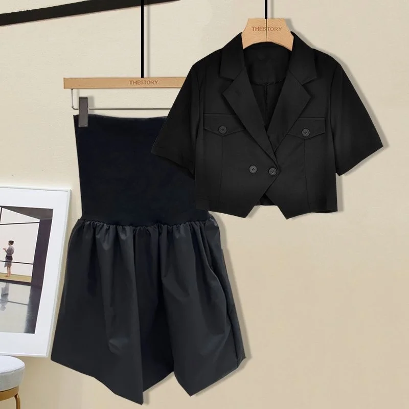 

Костюм женский летний из двух предметов, блузка без бретелек и воротник-лодочка, комбинезон с широкими штанинами в Корейском стиле, черный ц...