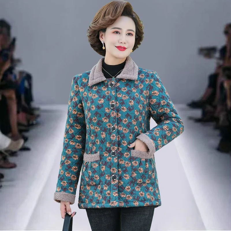 Fleece warm floral cotton jacket short coat for middle-aged female mother in winter