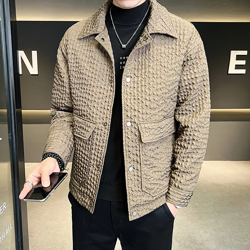 

2022 Autumn 3D Crinkled Spiral Square Neck Jacket Men Slim Casual Bomber Jacket Business Social Streetwear Chaquetas Hombre