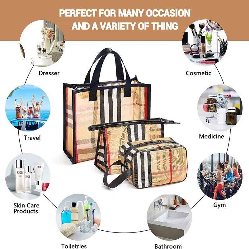 3 Pack Makeup Bag, Travel Cosmetic Bag with Zipper Handle Waterproof Striped Transparent Toiletry Bag Portable Organizer Cases S