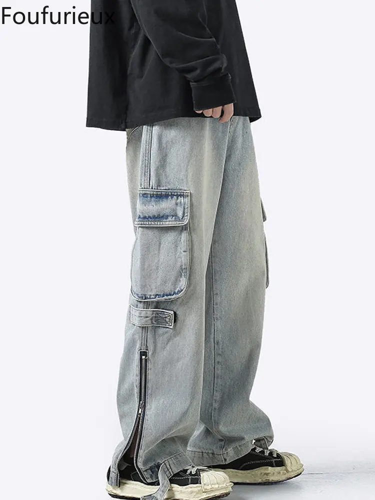 

Foufurieux Summer Thin American Retro Multi Pocket Overalls Men Jeans Women Loose Fashion Brand White Straight Casual Jeans Y2k
