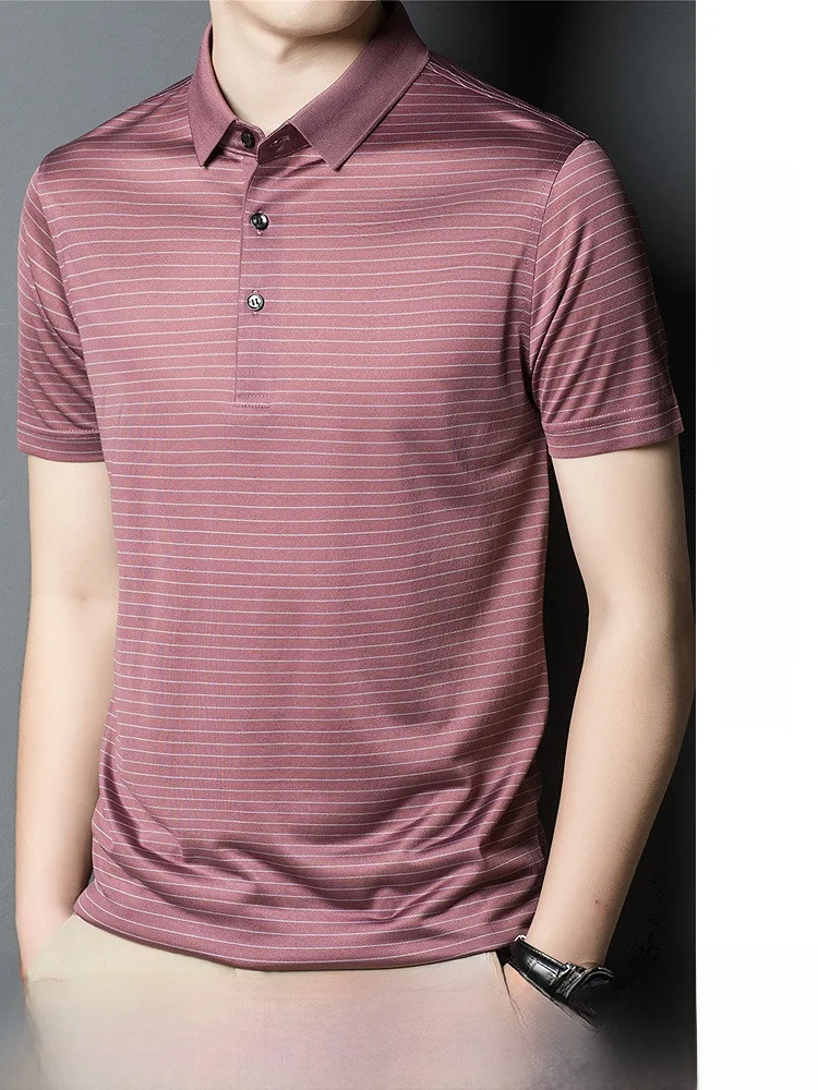 Hengyuanxiang Middle-Aged Short sleeve T-shirt Men 2024 Summer New Stripe Lapel Polo Shirt Containing Silk Daddy Clo... |