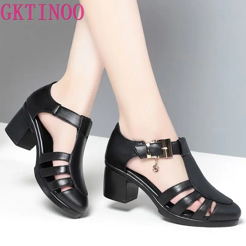 GKTINOO Genuine Leather Shoes Gladiator Sandals For Women Large Size Non-slip High Heel Sandals Summer Ladies Shoes