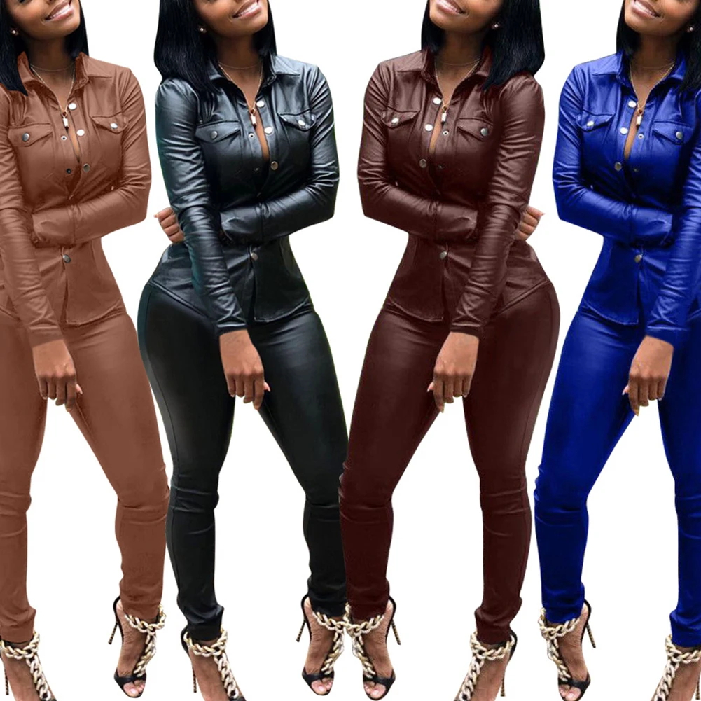 

5 Color Winter Overalls PU Leather Shirt+Pencil Pant Tracksuit Fashion Sexy Women Set Two Pieces Jumpsuit Casual Outfits S-XXXL