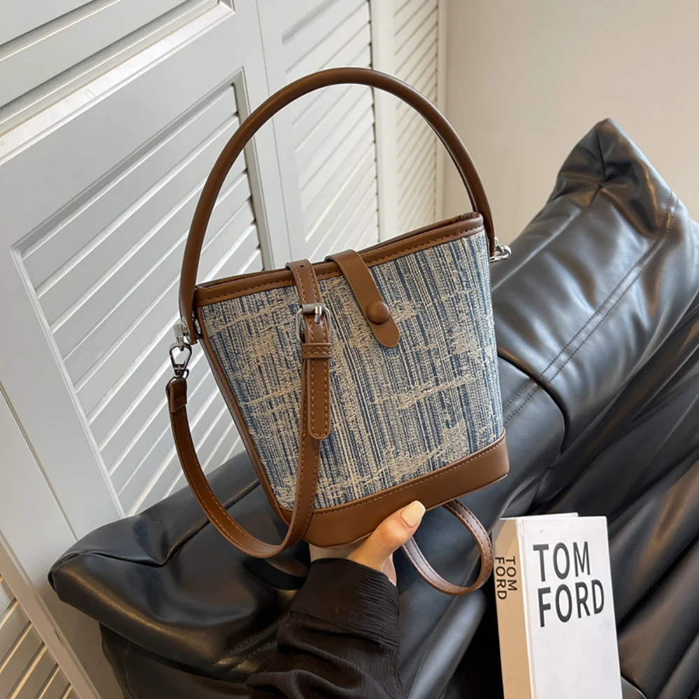 

Women's Bucket Bag 2023 New Texture Denim Contrast Korean Style Handbag Casual Small Bag One Shoulder Oblique Straddle Bag