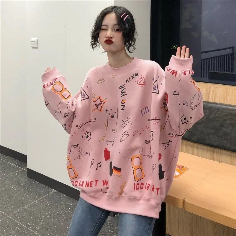 Autumn Winter 2021 New Women's Sweetshirts Korean Cartoon Print Casual Loose Long Sleeves Harajuku Hoodie Kawaii Couples Clothes