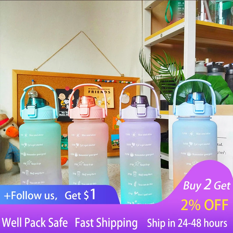 2L Large Capacity Water Bottle Straw Cup With Time Marker Scale Frosted Plastic Water Cup Outdoor Sports Leakproof Water Bottle