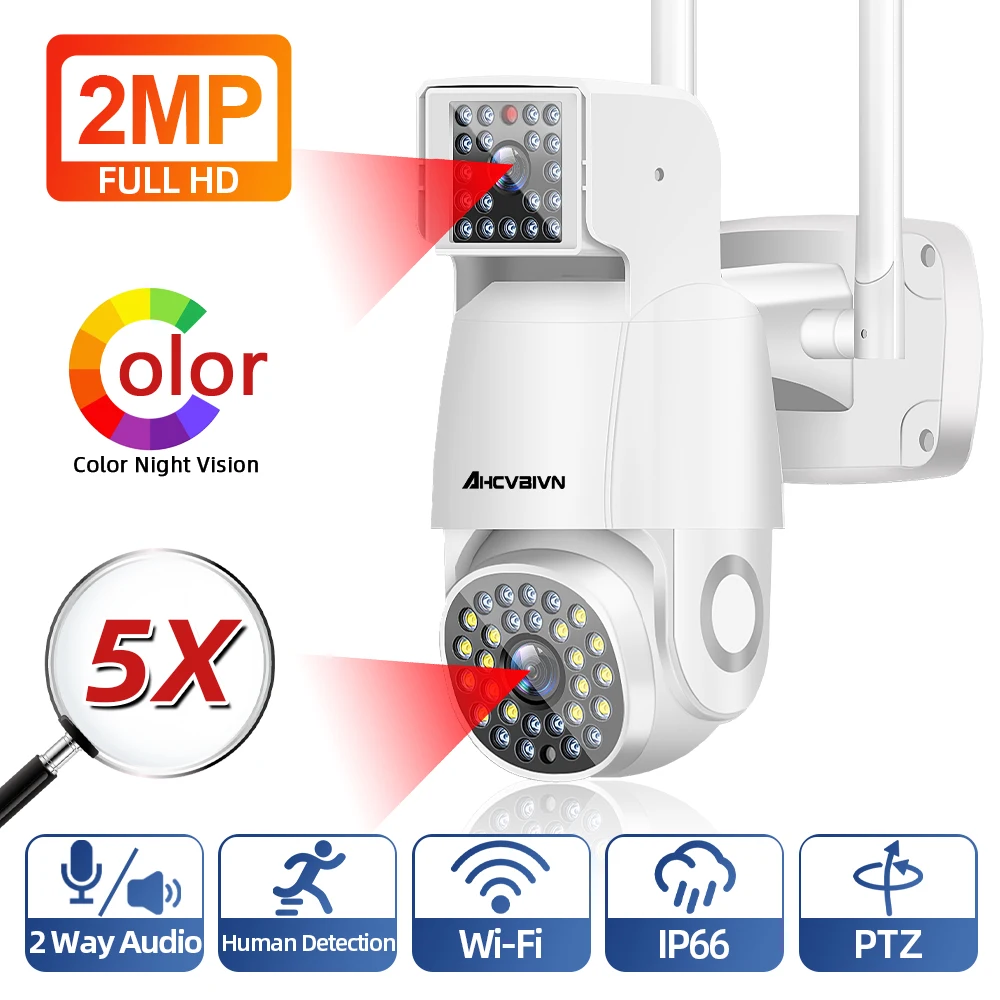 

1080P WIFI PTZ Outdoor Security Color Night CCTV Surveillance Cameras Video Record Dual Lens Camera 5X Optical Zoom AI Tracking