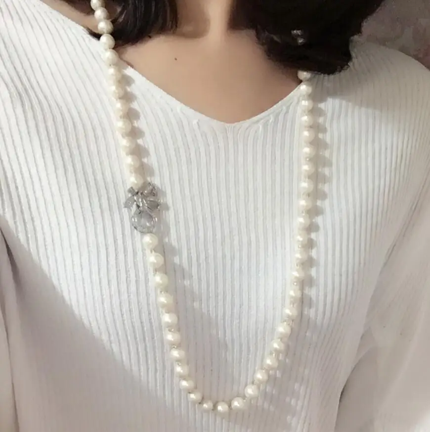 

Fine jewelry hot sell 75cm white 8-9mm natural freshwater pearl bowknot clasp necklace long sweater chain fash