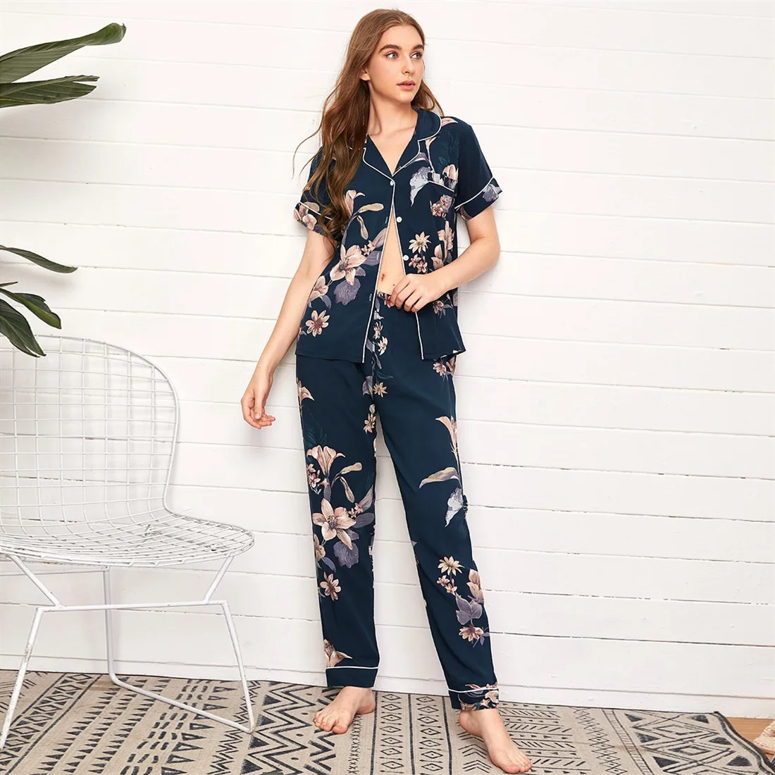 Cotton Long-sleeved Long Trousers Women Pajamas Set Comfortable Cardigan Tops Ladies Cotton Pajamas Sleepwear Pyjama