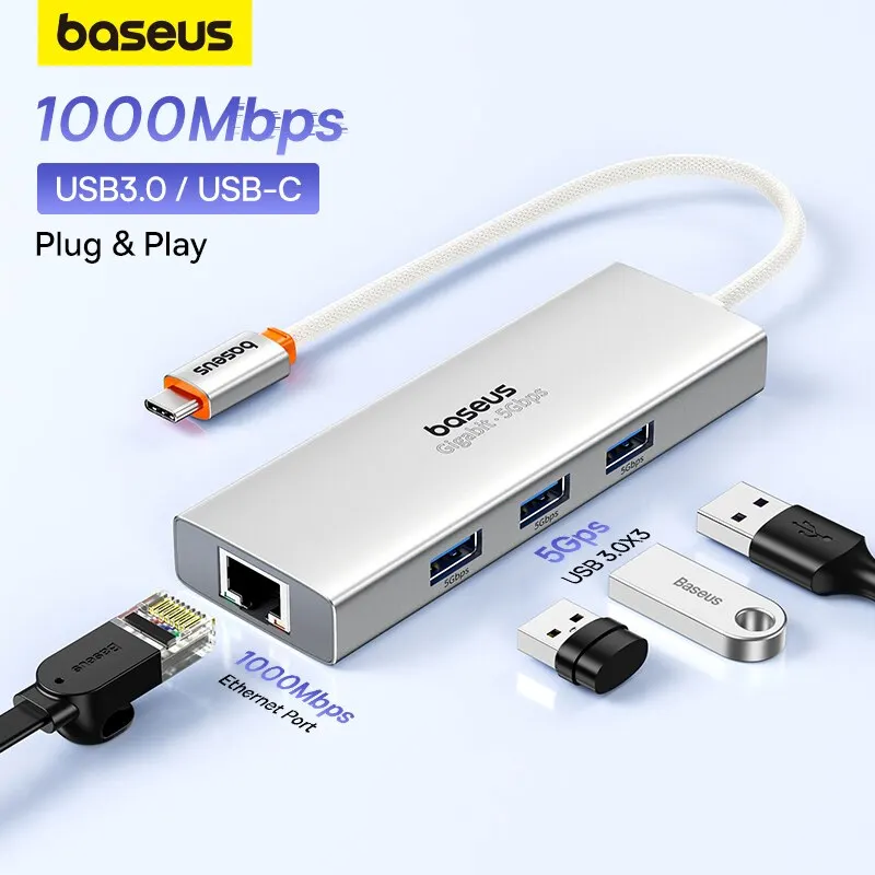 Baseus USB Hub With1000Mbps Ethernet Port 3* USB 3.0 Usb Adapter RJ45 Lan USB C Hub for PC Mi Box Macbook Laptop Accessories Baseus USB Hub With1000Mbps Ethernet Port 3* USB 3.0 Usb Adapter RJ45 Lan USB C Hub for PC Mi Box Macbook Laptop Accessories