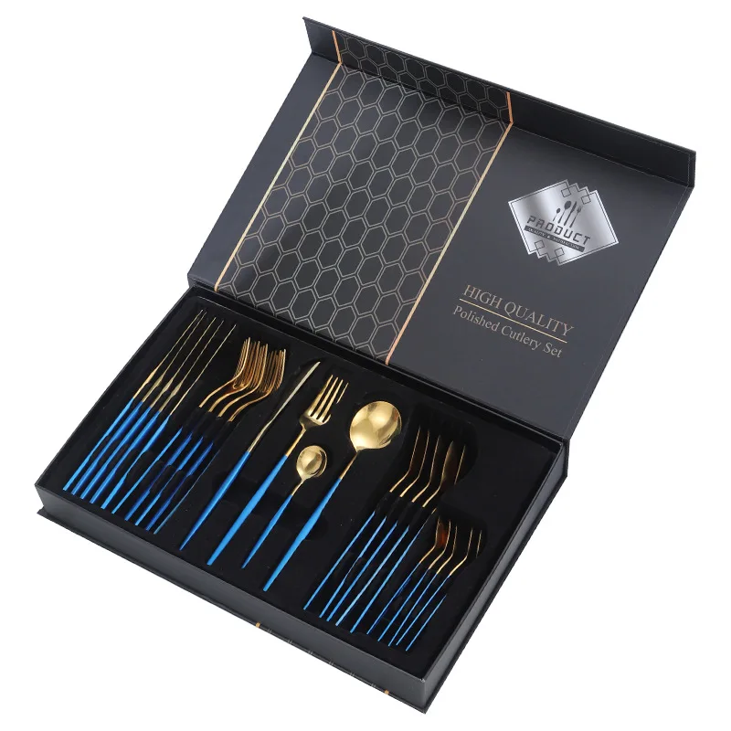 

24Pcs Black Handle Golden Cutlery Set Stainless Steel Knife Fork Spoon Tableware Flatware Set Festival Kitchen Dinnerware Gift