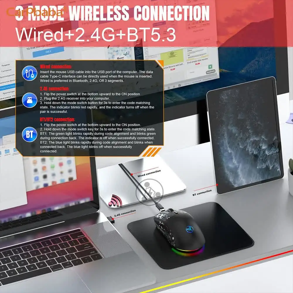 Фото HXSJ Q6T90 Проводная беспроводная игровая мышь с поддержкой Bluetooth 2.4G, новая модель, аккумулятор 650 мАч, 500 миллионов нажатий, до 3600 DPI, RGB-подсветка №4