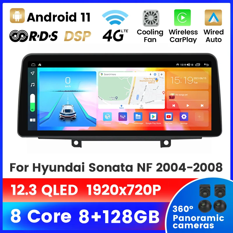 Автомагнитола 8G + 128G RDS 4G LTE Carplay Android 11 для Hyundai Sonata NF 2004 - 2008 мультимедийный
