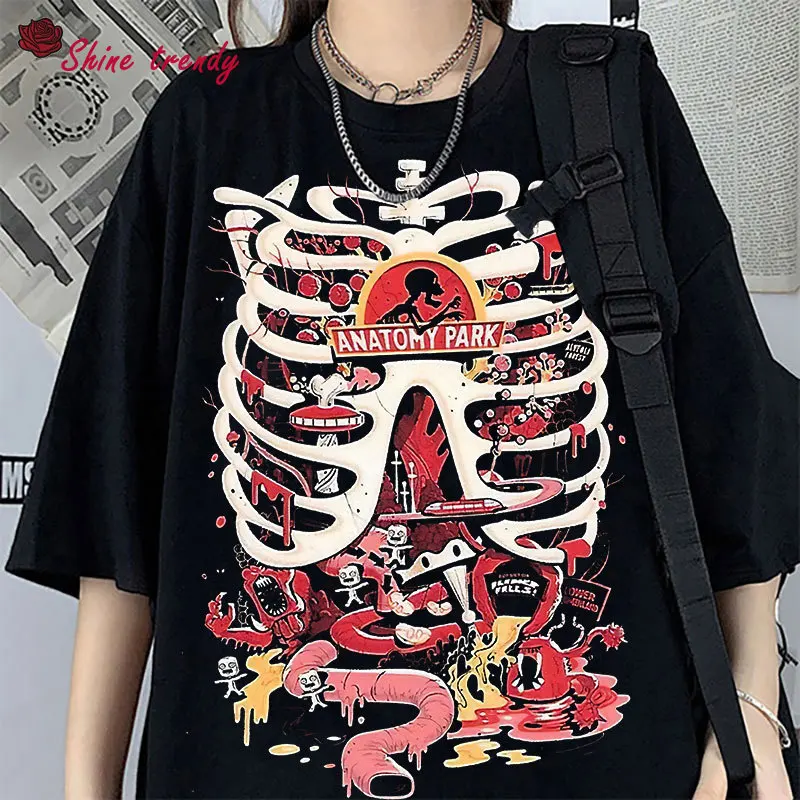 

Gothic Women T Shirts Hip Hop Streetwear Tops Harajuku Skeleton Butterfly Print Short Sleeve Y2k Clothing Punk Women T-shirt Top