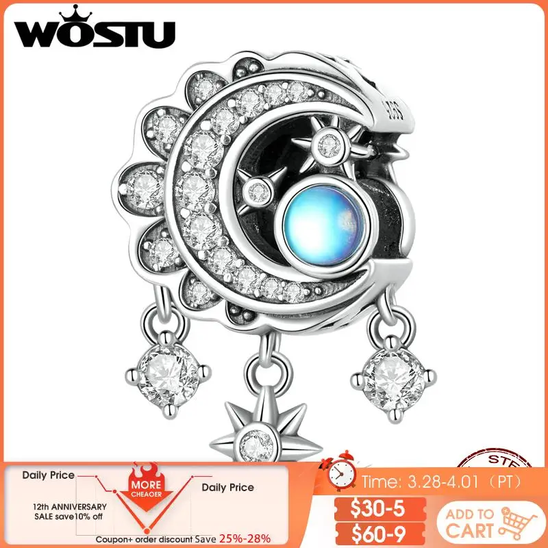 

WOSTU 925 Sterling Silver Star & Moon Moonstone Charms For Women Dream Catcher Bead Fit Original Bracelet Bangle Jewelry Making