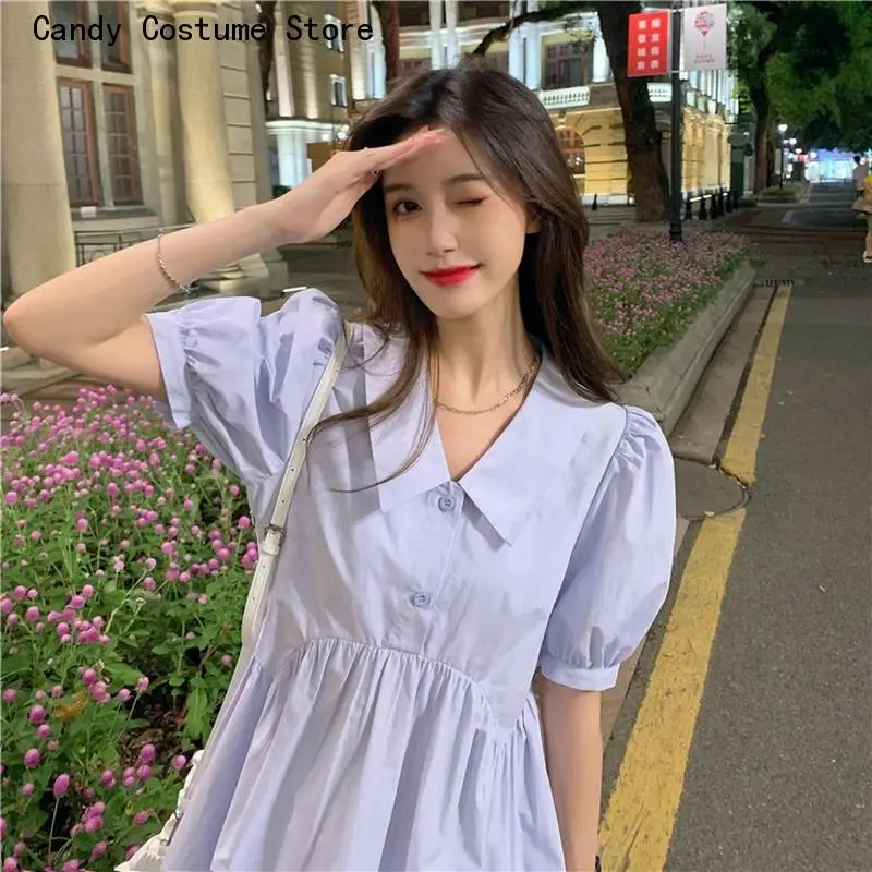 

Mini Summer Dresses Casual Women Preppy Sweet Simple Korean Style Puff Sleeve Elegant Lovely A-line Solid New Empire Ladies Chic