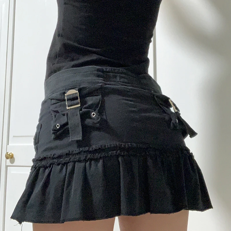 

Y2K Dark Academia High Waist Frill Pleated Denim Skirt Harajuku Grunge Zipper Mini Skirt E-girl Gothic Mall Goth Streetwear
