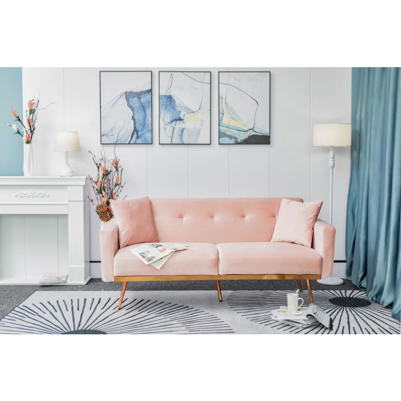 

[Flash Deal][New Product+video] Modern Pink Velvet Sand Living Room Sofa with Middle Feet and Two Throw Pillows[US Stock]