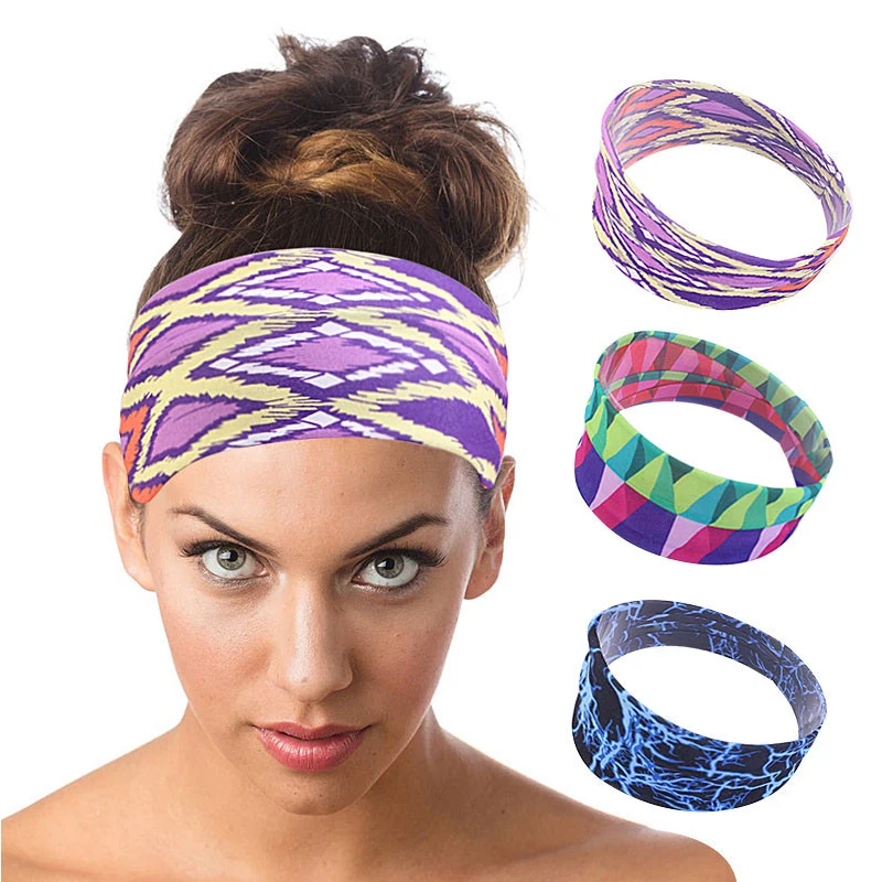 

Vintage Bohemian Wide Headband Sweat Absorption Fitness Yoga Headscarf Girls Hairbands Elastic Turban Headwrap Women Bandage