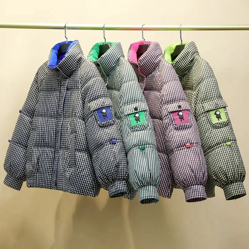 

Down Cotton Jacket Women 2022 New Winter Korean Loose Casual Padded Coat Female Short Thick Houndstooth Splicing Warm Parkas