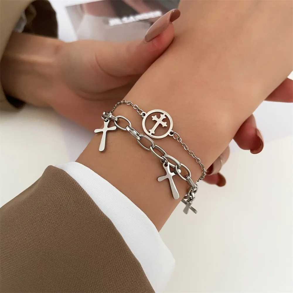 

Multi Layered Cross Hollowed Out Bracelet For Women Retro Trend Hip-hop Double Layer Chain Bracelet Body Jewelry Accessories