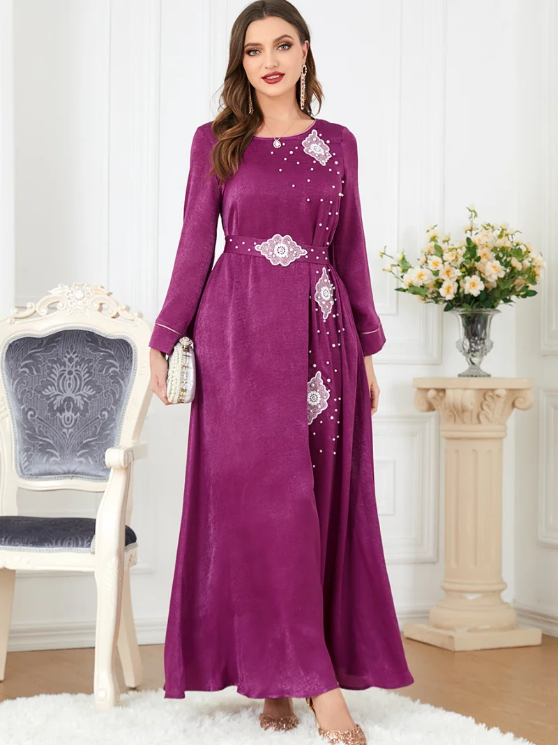 Dresses For Women 2023 Spring Elegant O-Neck Beading Long Sleeve High Waist Party Dress With Sashes Dubai Abaya Ramadan
