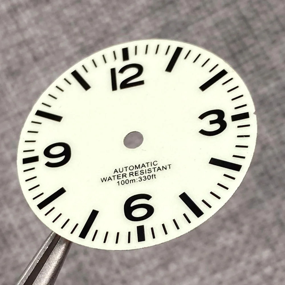 Фото Полностью светящийся белый циферблат 29 мм для NH35 NH36 Dive Pilot Watch, аксессуары, черные цифры, набор рук для часов Mod №5