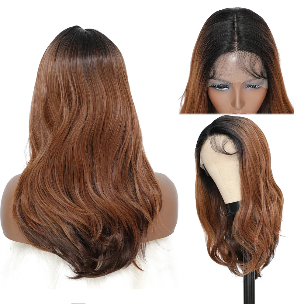 X-TRESS Body Wave Synthetic Lace Wigs Medium Length Ombre Brown Middle Part Soft Swiss Front Wig For Women Fluffy Hairpiece |