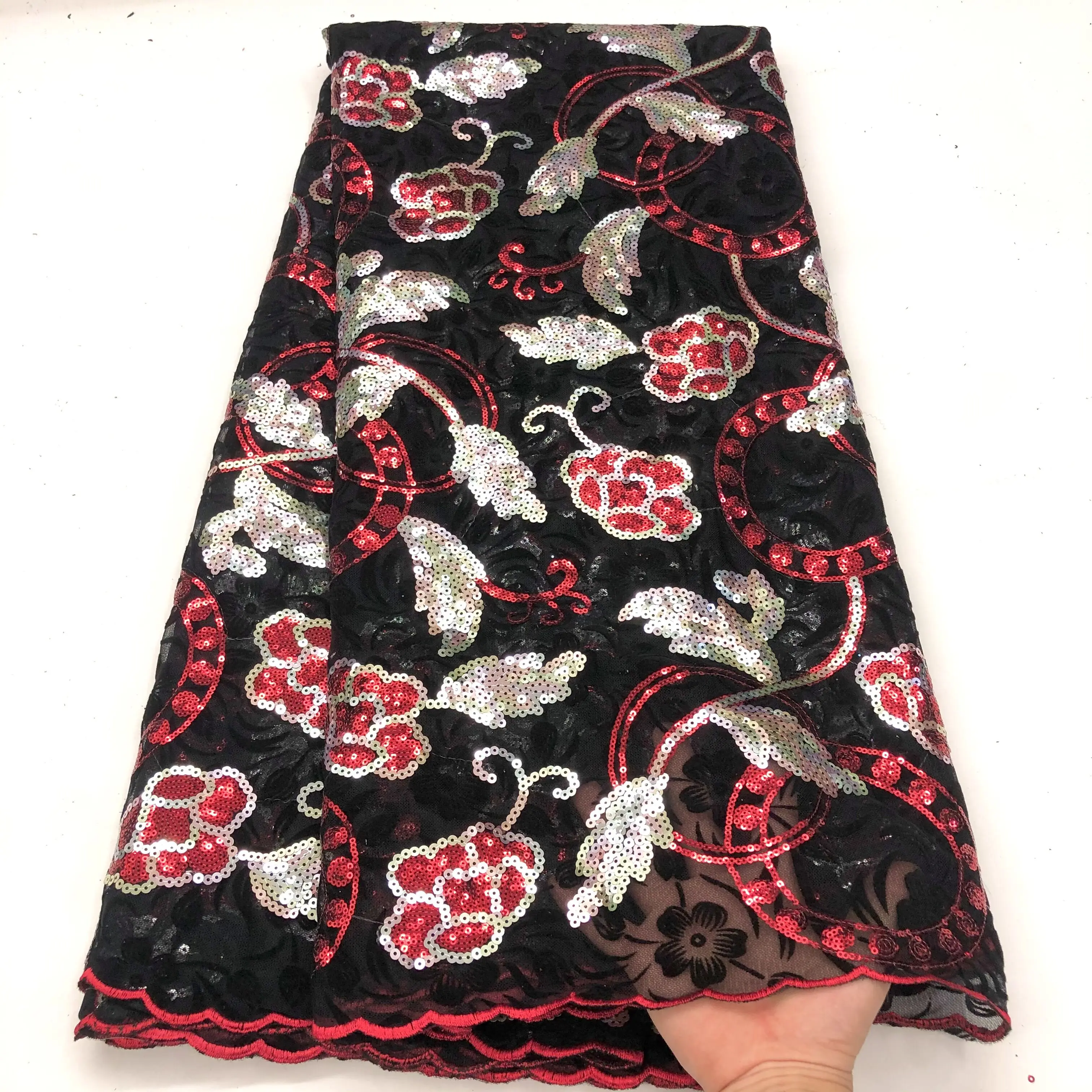 

High Quality Flocking Skin Velvet Fabric Embroidered Sequins French Lace With Classic Tulle African Mesh Fabric For Sewing Party
